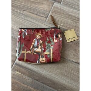 NWT Atenti Cowboy Cowhide Zippered Pouch Red Cream Brown 7" X 8.5"